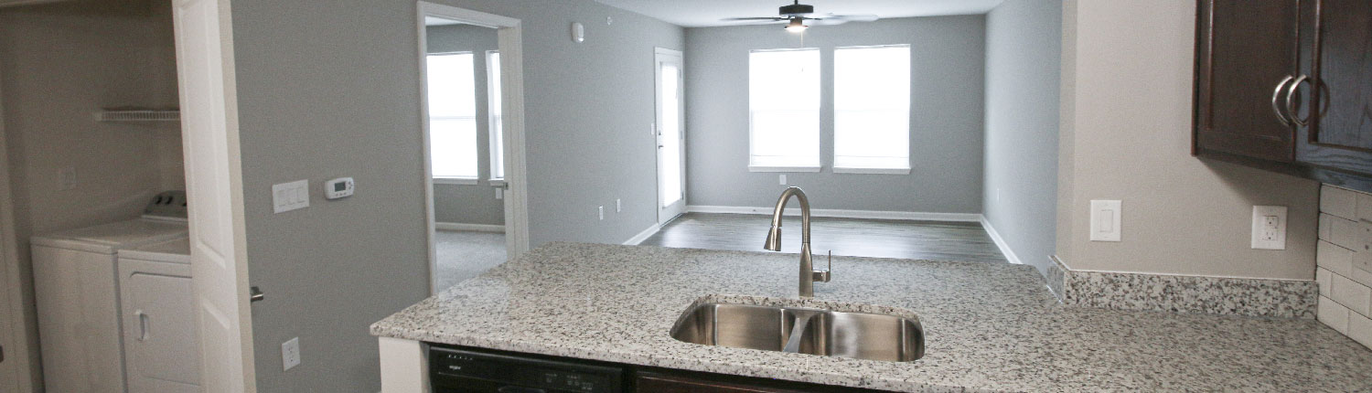 kitchen sink with an empty living room in the background at Ashford Park apartments in columbus, IN